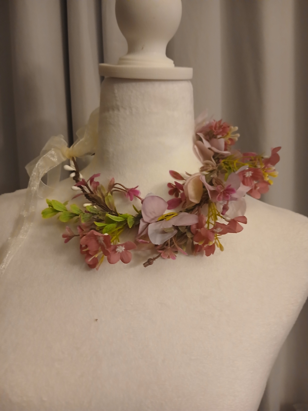 Floral Ribbon Tied Flower Crown in Pink & Green Festivals Weddings Fairycore